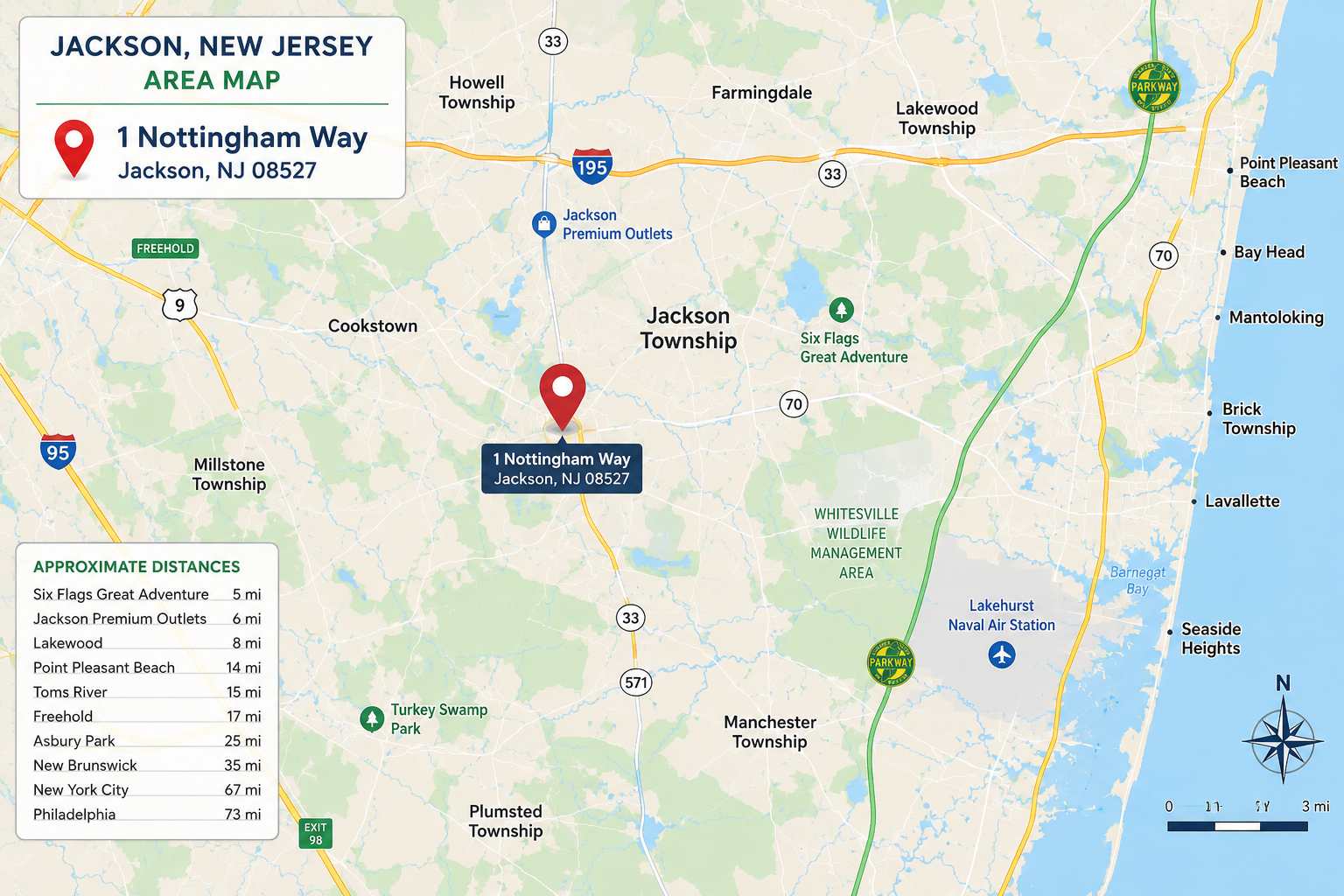 Jackson, New Jersey area map centered on 1 Nottingham Way