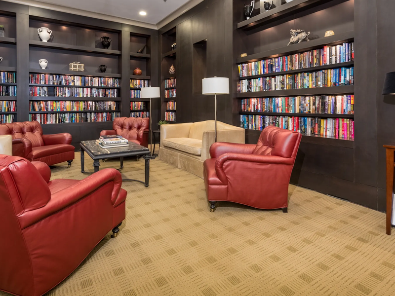 Clubhouse library with comfortable seating